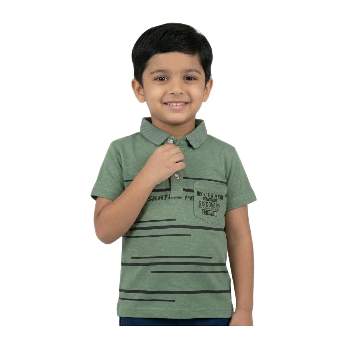 Boys Olive Moss Green Speed Skating Striped Polo Shirt | Soft Cotton Half Sleeve Collared Casual Polo for Kids