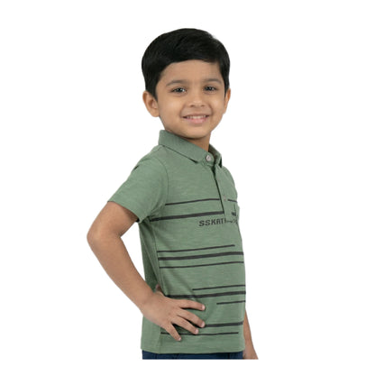 Boys Olive Moss Green Speed Skating Striped Polo Shirt | Soft Cotton Half Sleeve Collared Casual Polo for Kids
