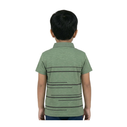 Boys Olive Moss Green Speed Skating Striped Polo Shirt | Soft Cotton Half Sleeve Collared Casual Polo for Kids