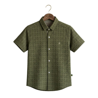 Olive Moss Textured Solid Half-Sleeve Casual Boys Shirt