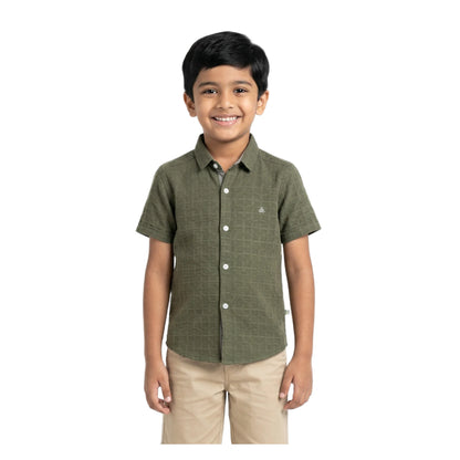 Olive Moss Textured Solid Half-Sleeve Casual Boys Shirt