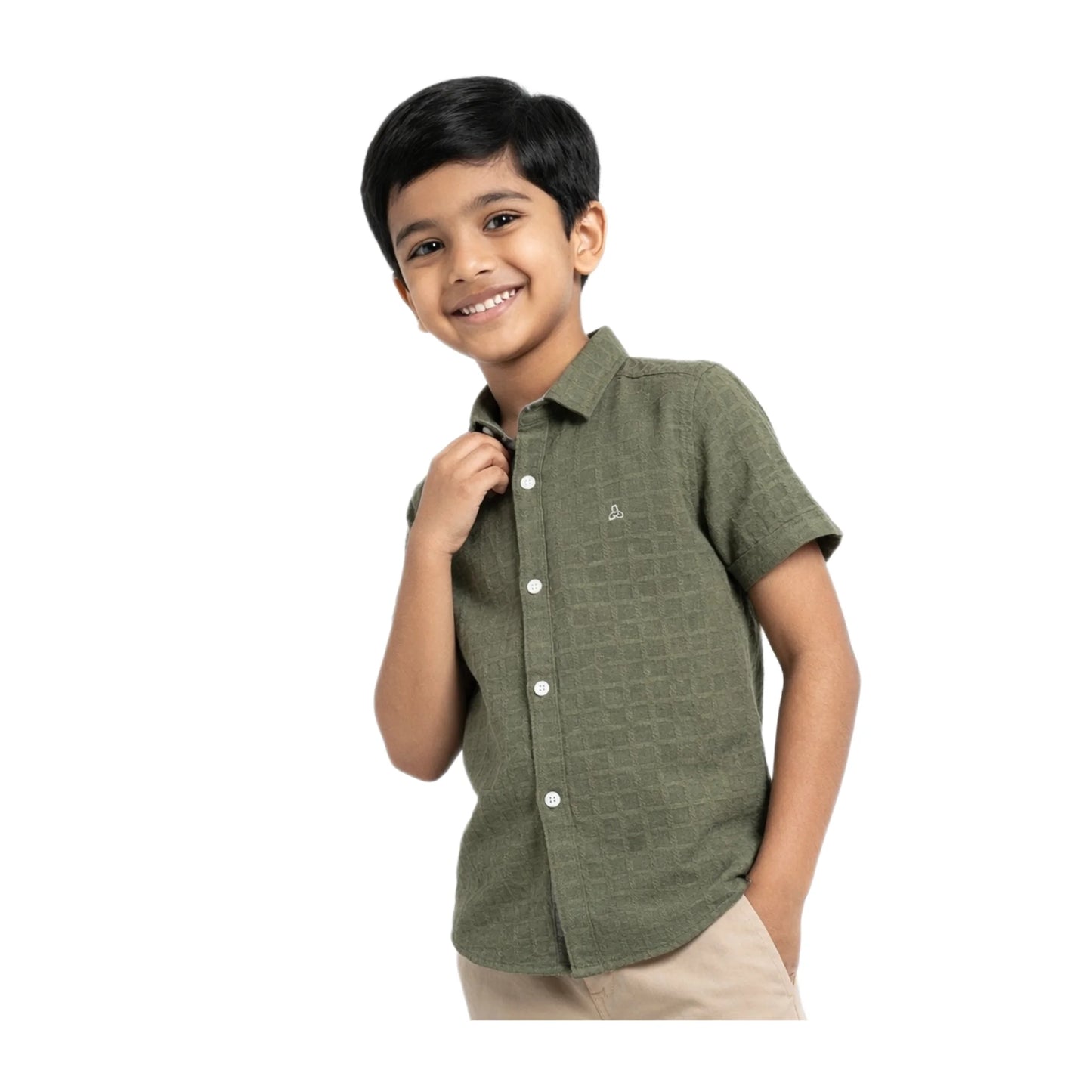Olive Moss Textured Solid Half-Sleeve Casual Boys Shirt