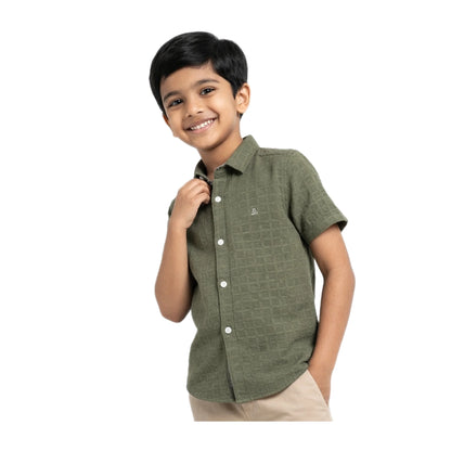 Olive Moss Textured Solid Half-Sleeve Casual Boys Shirt