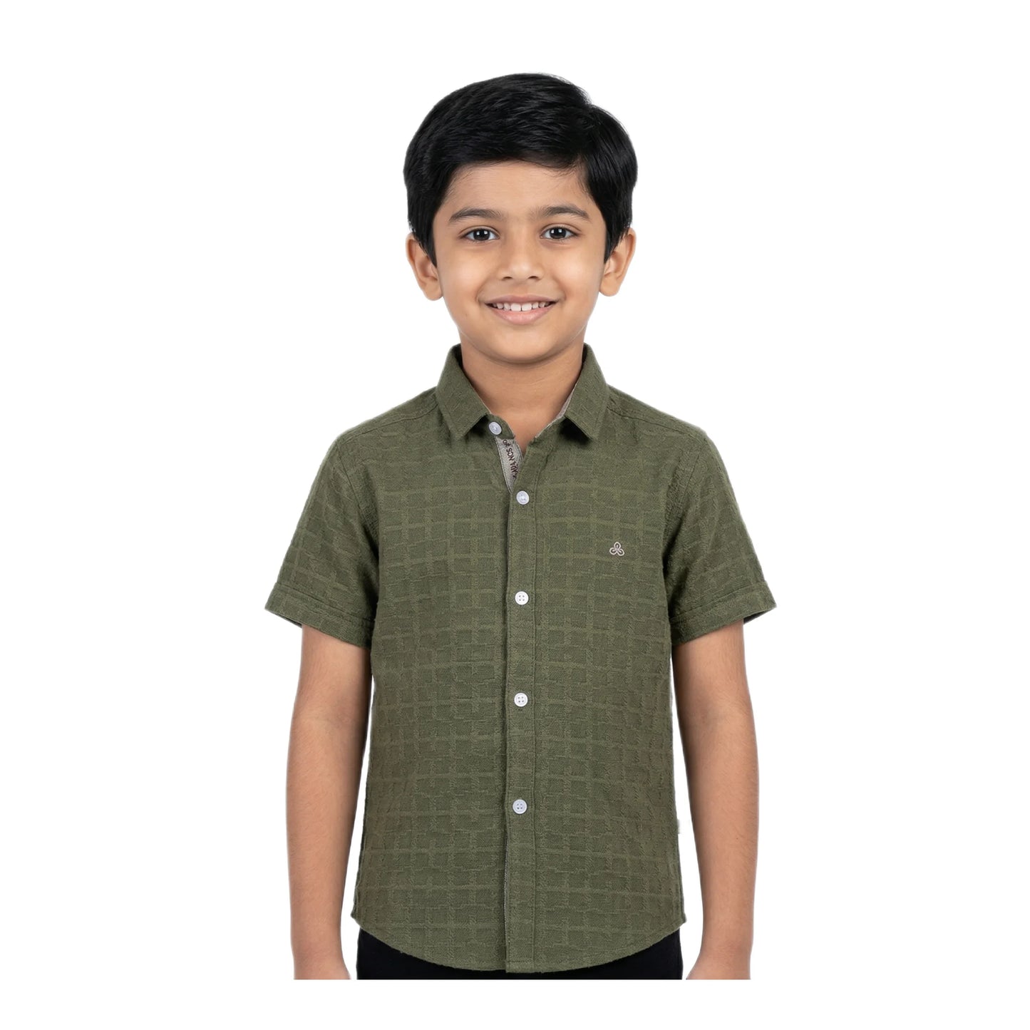 Olive Moss Textured Solid Half-Sleeve Casual Boys Shirt