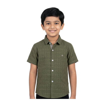 Olive Moss Textured Solid Half-Sleeve Casual Boys Shirt
