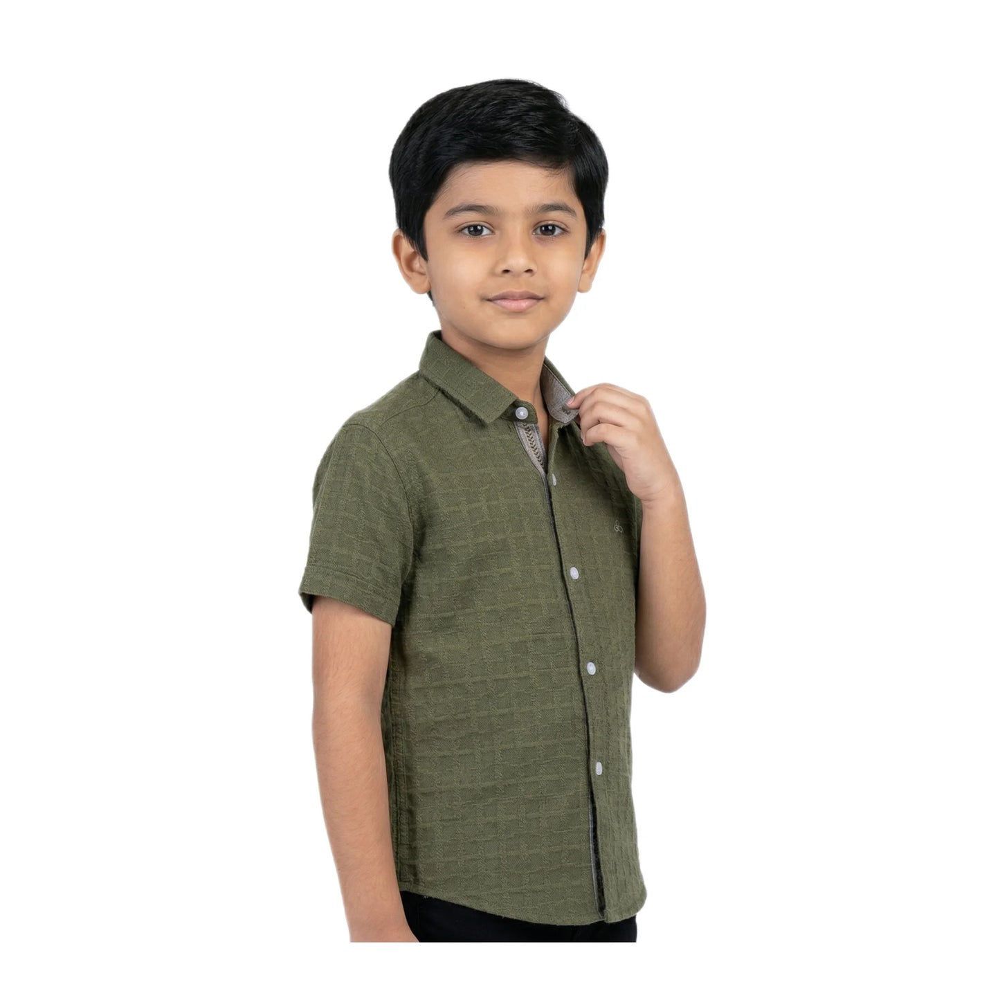 Olive Moss Textured Solid Half-Sleeve Casual Boys Shirt