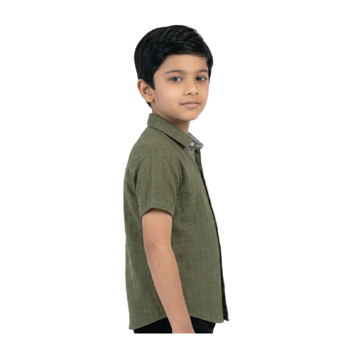 Olive Moss Textured Solid Half-Sleeve Casual Boys Shirt