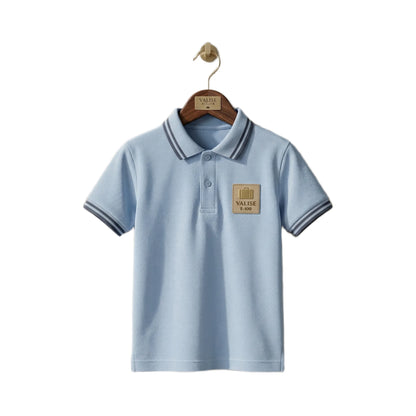 Boys Sky Blue Tipped Collar Valise ENC Badge Polo Shirt | Soft Pique Cotton Half Sleeve Smart Casual Polo for Kids