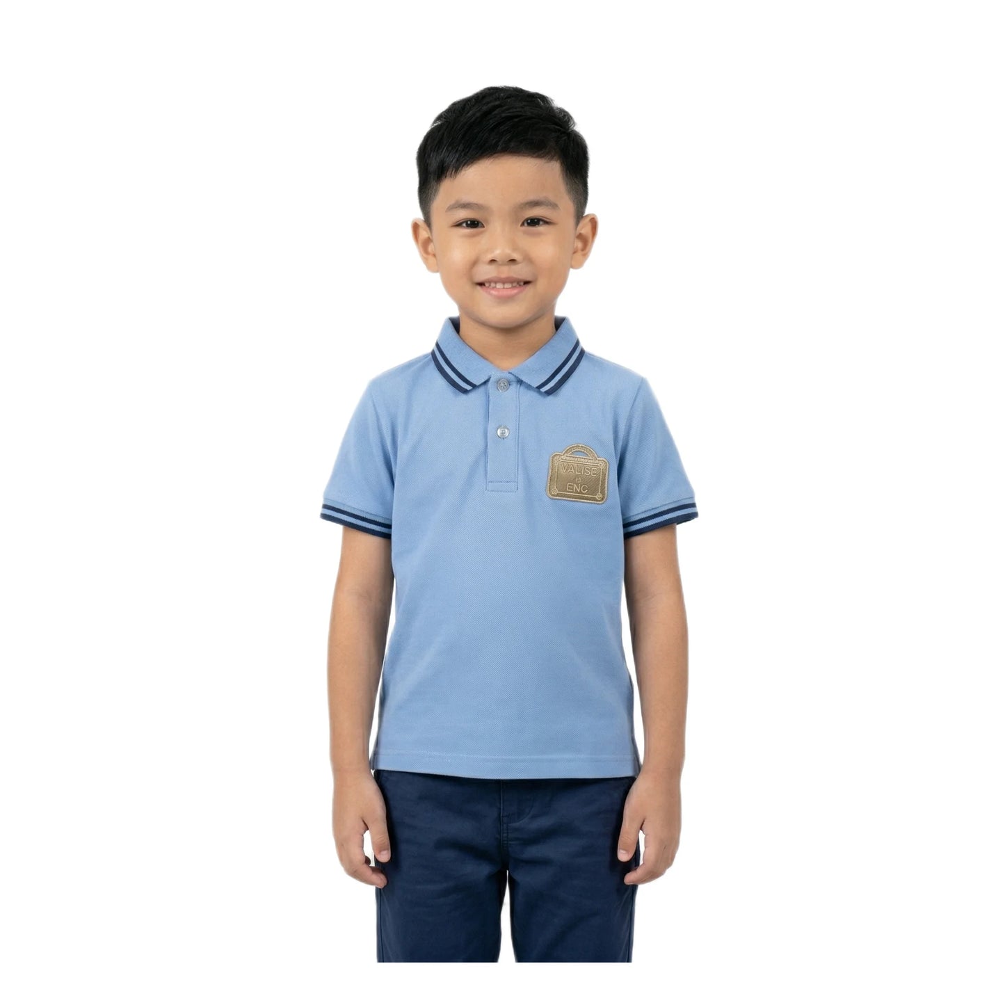 Boys Sky Blue Tipped Collar Valise ENC Badge Polo Shirt | Soft Pique Cotton Half Sleeve Smart Casual Polo for Kids
