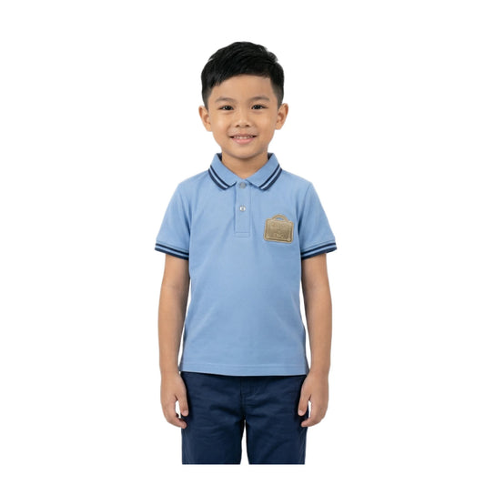 Boys Sky Blue Tipped Collar Valise ENC Badge Polo Shirt | Soft Pique Cotton Half Sleeve Smart Casual Polo for Kids