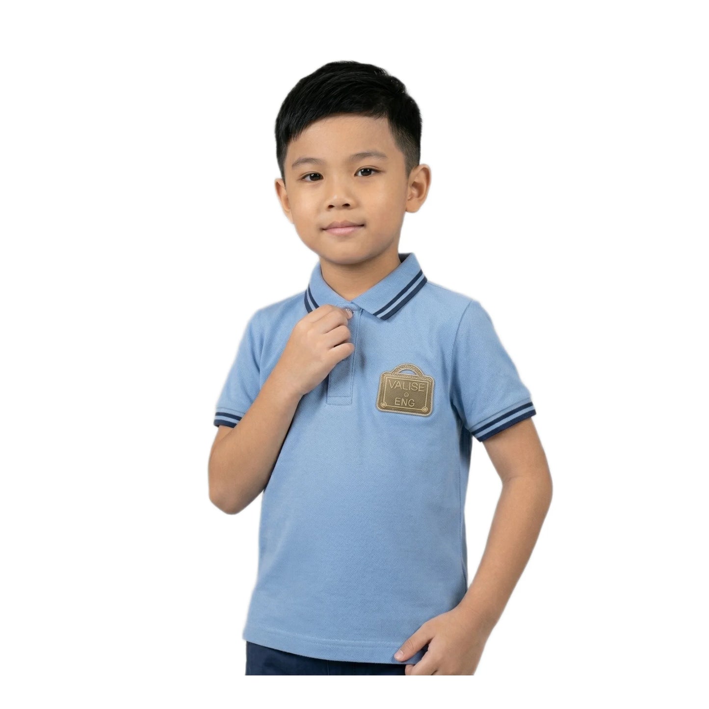 Boys Sky Blue Tipped Collar Valise ENC Badge Polo Shirt | Soft Pique Cotton Half Sleeve Smart Casual Polo for Kids
