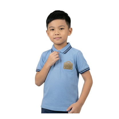 Boys Sky Blue Tipped Collar Valise ENC Badge Polo Shirt | Soft Pique Cotton Half Sleeve Smart Casual Polo for Kids