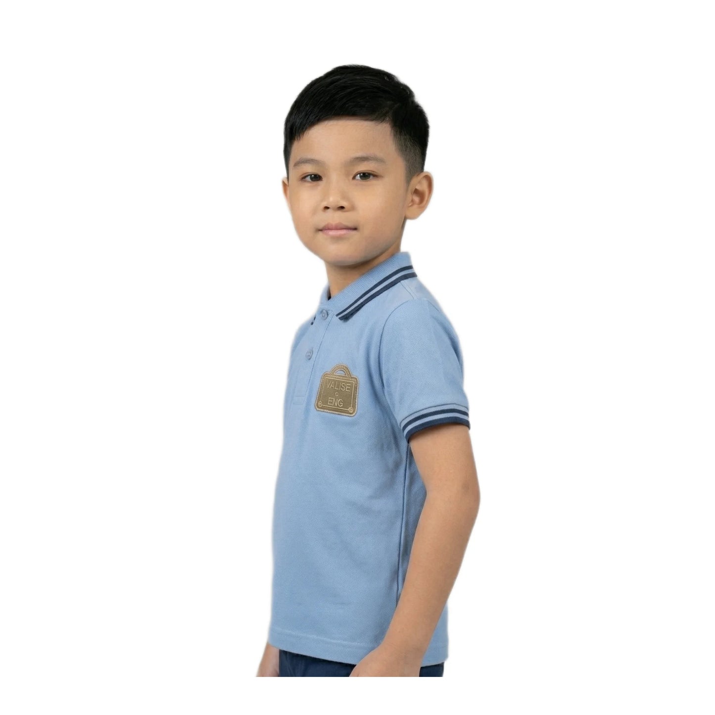 Boys Sky Blue Tipped Collar Valise ENC Badge Polo Shirt | Soft Pique Cotton Half Sleeve Smart Casual Polo for Kids