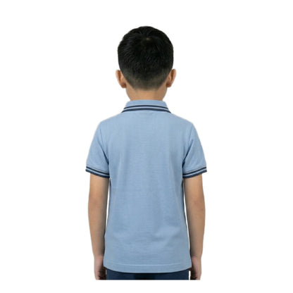 Boys Sky Blue Tipped Collar Valise ENC Badge Polo Shirt | Soft Pique Cotton Half Sleeve Smart Casual Polo for Kids
