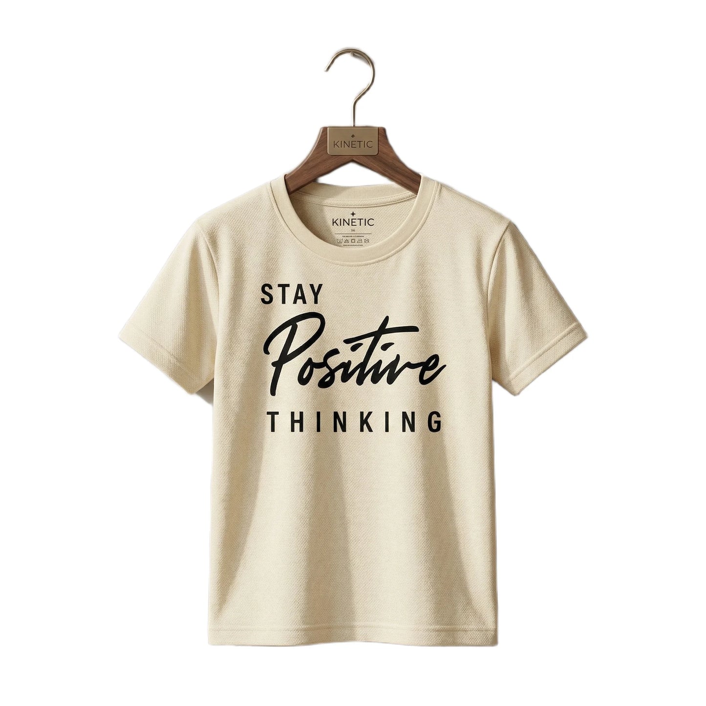 Boys Cream Stay Positive Thinking Slogan Graphic T-Shirt | Soft Cotton Crew Neck Motivational Tee for Kids