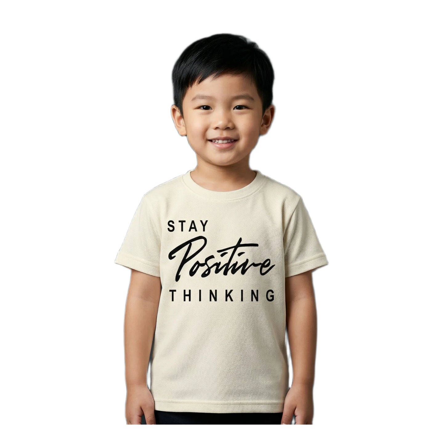 Boys Cream Stay Positive Thinking Slogan Graphic T-Shirt | Soft Cotton Crew Neck Motivational Tee for Kids