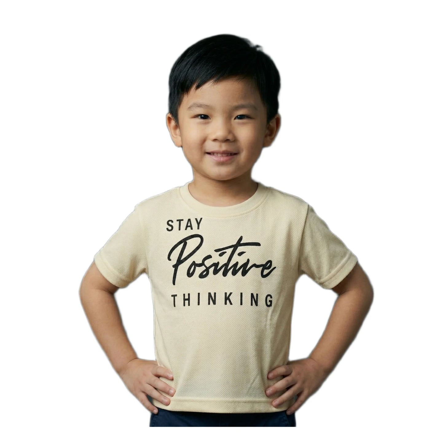 Boys Cream Stay Positive Thinking Slogan Graphic T-Shirt | Soft Cotton Crew Neck Motivational Tee for Kids