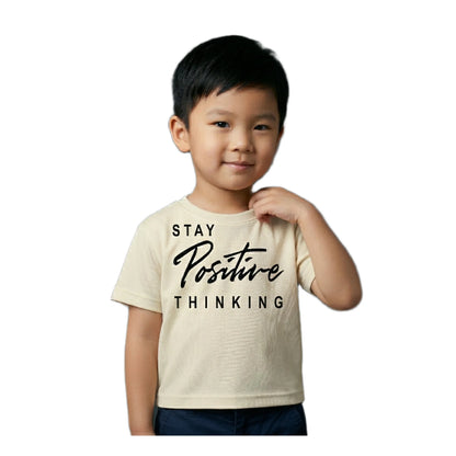 Boys Cream Stay Positive Thinking Slogan Graphic T-Shirt | Soft Cotton Crew Neck Motivational Tee for Kids