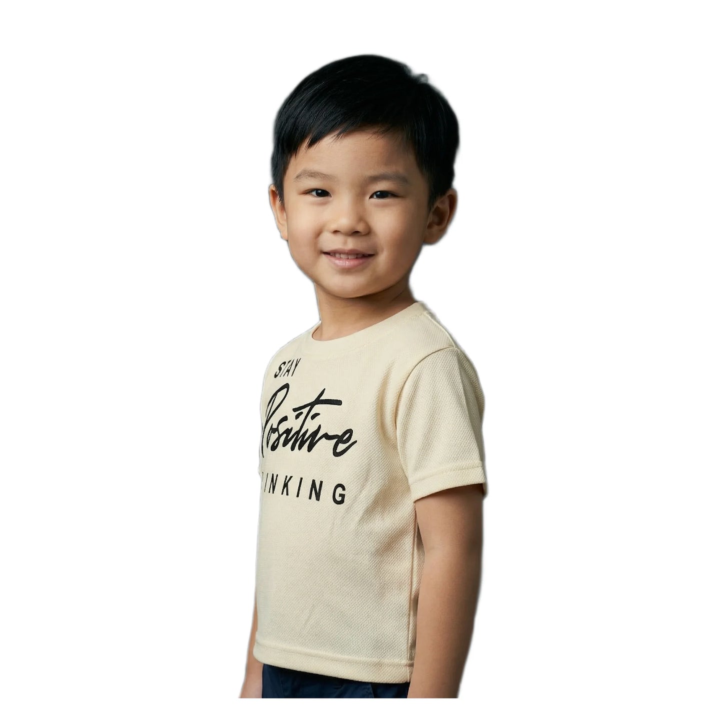 Boys Cream Stay Positive Thinking Slogan Graphic T-Shirt | Soft Cotton Crew Neck Motivational Tee for Kids