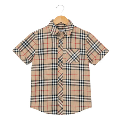 Vintage Khaki Tartan Half-Sleeve Casual Boys Shirt