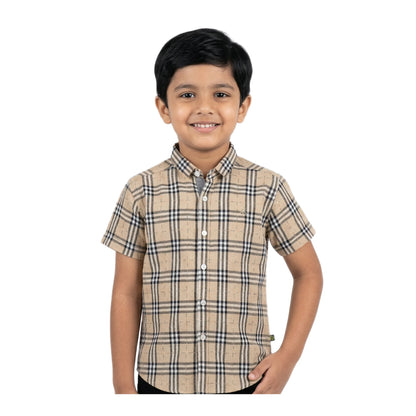 Vintage Khaki Tartan Half-Sleeve Casual Boys Shirt