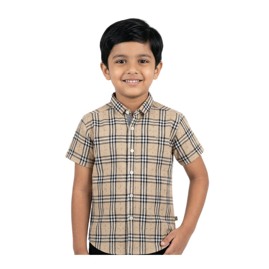 Vintage Khaki Tartan Half-Sleeve Casual Boys Shirt