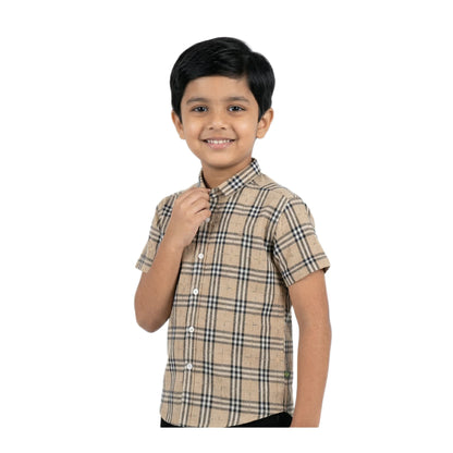 Vintage Khaki Tartan Half-Sleeve Casual Boys Shirt
