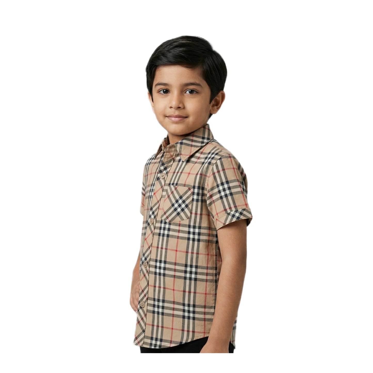 Vintage Khaki Tartan Half-Sleeve Casual Boys Shirt